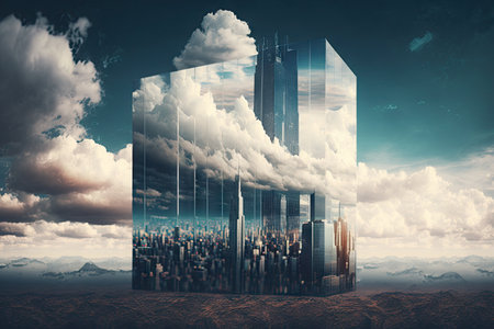 glass building towering over city skyline, with skyscrapers and clouds in the background, created with generative aiの素材