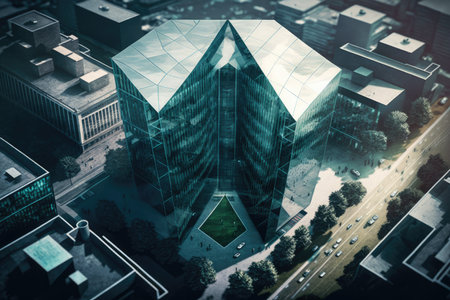 glass building, viewed from above, with aerial view of city and landmarks, created with generative aiの素材