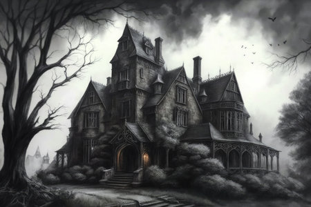 pencil drawing of gothic house surrounded by misty woods, with ominous clouds overhead, created with generative aiの素材