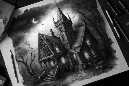 pencil sketch of gothic house surrounded by dark and stormy sky, created with generative aiの素材