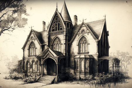 detailed pencil sketch of gothic house, with windows and doors in place, created with generative aiの素材