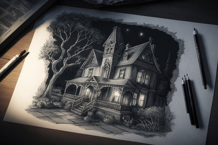 pencil sketch of gothic house, with spooky details and shadows, against the night sky, created with generative aiの素材