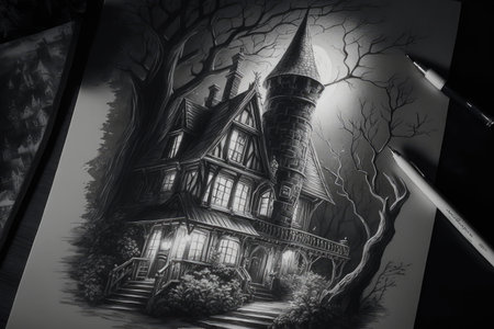 pencil sketch of gothic house, with spooky details and shadows, against the night sky, created with generative aiの素材