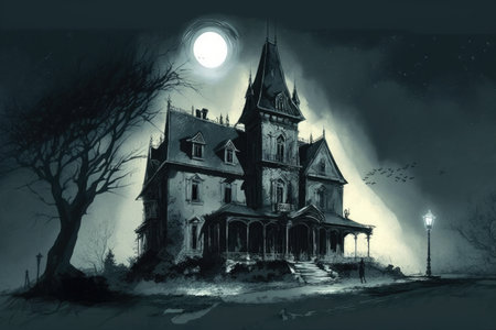 sketch of gothic house in the moonlight, with eerie shadows casting across its facade, created with generative aiの素材