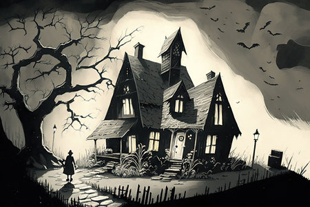 a drawing of a dark and gloomy house, with spooky shadows and eerie creatures, created with generative aiの素材
