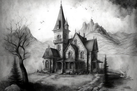 pencil sketch of gothic house surrounded by sprawling landscape, with mountains in the distance, created with generative aiの素材