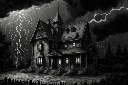 sketch of gothic house with stormy sky and lightning in the background, created with generative aiの素材