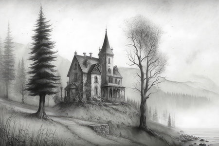 pencil sketch of gothic house surrounded by misty landscape, with towering trees and mountains in the background, created with generative aiの素材