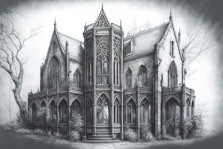 detailed pencil sketch of gothic house with delicate details and intricate patterns on the windows, created with generative aiの素材