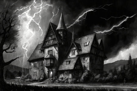 sketch of gothic house with stormy sky and lightning in the background, created with generative aiの素材