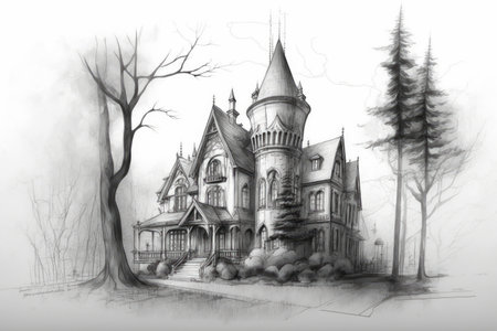 pencil sketch of gothic house surrounded by misty fog and trees, created with generative aiの素材