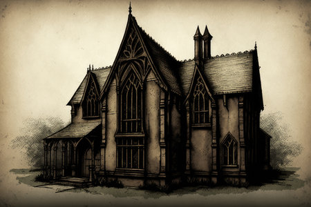simplistic drawing of gothic house, with windows and doors drawn in detail, created with generative aiの素材