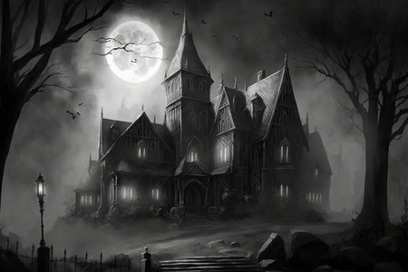 sketch of gothic house surrounded by mist, with the moon shining above, created with generative aiの素材