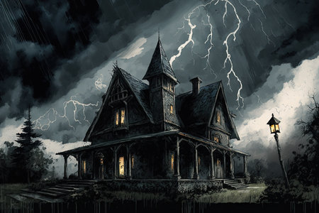 sketch of gothic house with ominous storm clouds and lightning in the distance, created with generative aiの素材