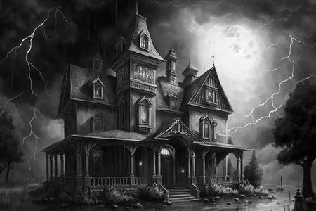 pencil sketch of gothic house with dramatic storm clouds overhead, created with generative aiの素材