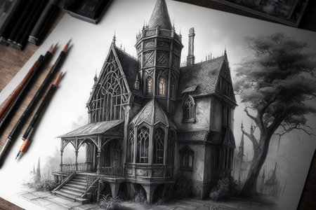 detailed pencil sketch of gothic house with intricate architecture and spooky atmosphere, created with generative aiの素材
