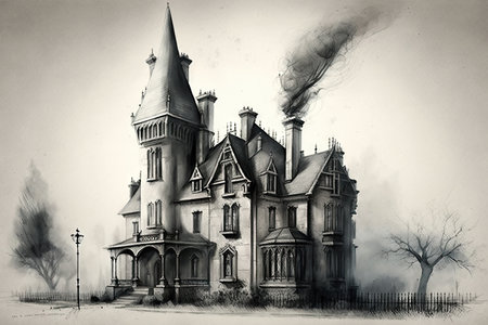 simple pencil sketch of gothic house with turrets and smoke rising from chimney, created with generative aiの素材