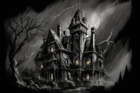 pencil sketch of gothic house surrounded by dark and stormy sky, created with generative aiの素材