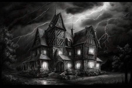 pencil sketch of gothic house surrounded by dark and stormy sky, created with generative aiの素材
