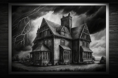 pencil sketch of gothic house surrounded by dark, stormy skies, created with generative aiの素材