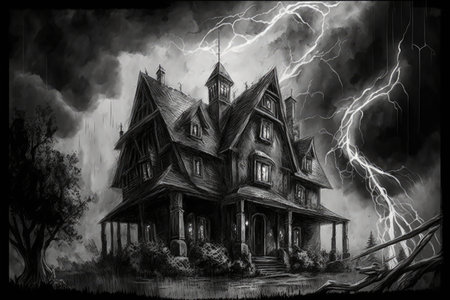 sketch of gothic house surrounded by stormy clouds and lightning strikes, created with generative aiの素材