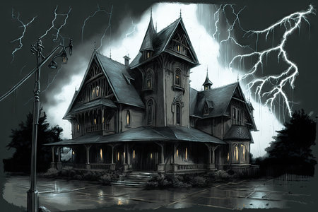 sketch of gothic house surrounded by stormy skies, with lightning bolts striking the ground, created with generative aiの素材