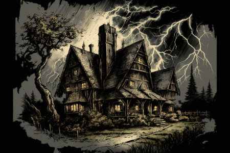 sketch of gothic house surrounded by stormy skies, with lightning bolts striking the ground, created with generative aiの素材