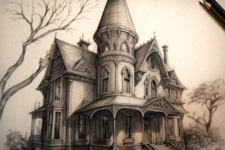 close-up of gothic house, with intricate details visible in the pencil sketch, created with generative aiの素材