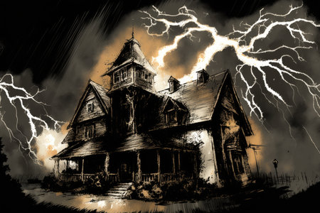 sketch of gothic house surrounded by dark storm clouds and lightning, created with generative aiの素材