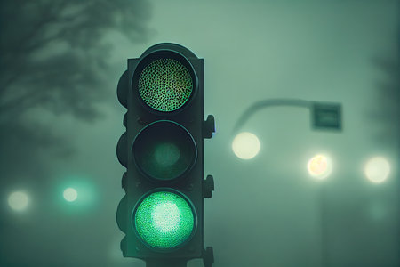 green traffic light on foggy morning, with blurred and faded lights visible, created with generative aiの素材