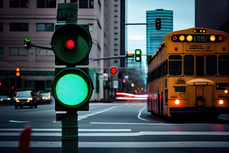 green traffic light in city, with bus approaching stoplight, created with generative aiの素材