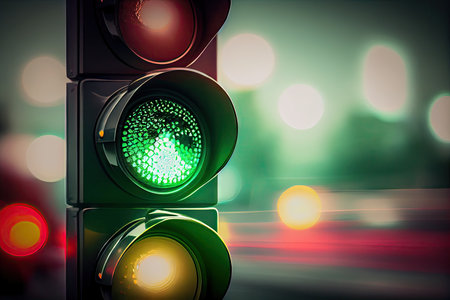 green traffic light with blurred background, for modern and professional look, created with generative aiの素材