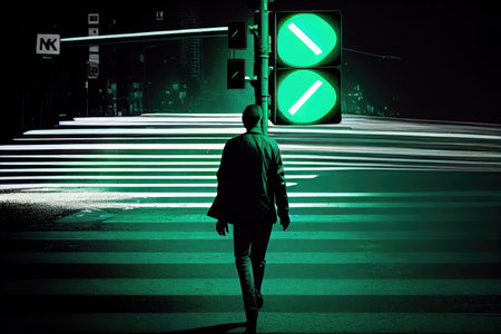 person, crossing the street, with green light in view, created with generative aiの素材