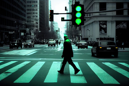 person, crossing the street, with green light in view, created with generative aiの素材