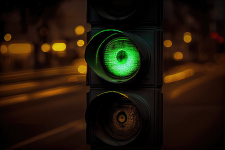 green traffic light shining in the darkness, with car lights visible nearby, created with generative aiの素材