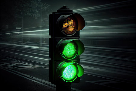 green traffic light shining in the darkness, with car lights visible nearby, created with generative aiの素材