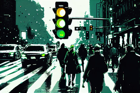 green traffic light shining on a busy city street, with cars and people in motion, created with generative aiの素材