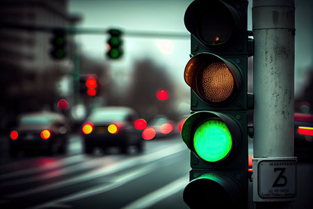 green traffic light with blurred background of passing vehicles, created with generative aiの素材