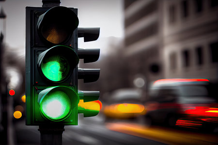 green traffic light with blurred background of passing vehicles, created with generative aiの素材