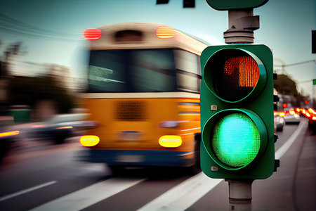 green traffic light with blurred background of passing vehicles, created with generative aiの素材