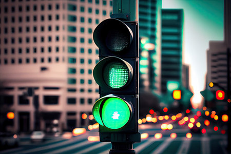 green traffic light on blurred background of cityscape, created with generative aiの素材