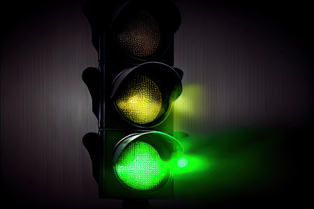 green traffic light on black background, with blurred lights and reflections, created with generative aiの素材