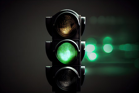 green traffic light on black background, with blurred lights and reflections, created with generative aiの素材