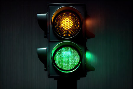 green traffic light shining in the darkness, providing safe passage for drivers, created with generative aiの素材