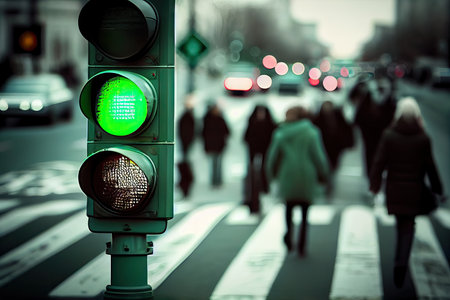 green traffic light, with blurred background of passing cars and pedestrians, created with generative aiの素材