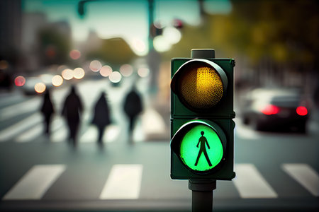 green traffic light, with blurred background of passing cars and pedestrians, created with generative aiの素材