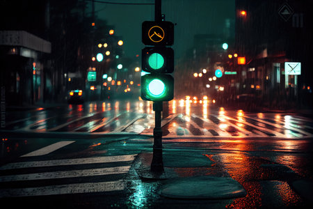 green traffic light flashing in rainy night, with view of deserted crosswalk, created with generative aiの素材