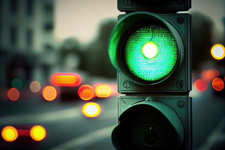 green traffic light in mid-blink, creating stop-and-go effect, created with generative aiの素材