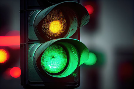 green traffic light in mid-blink, creating stop-and-go effect, created with generative aiの素材