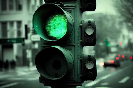 green traffic light in mid-blink, creating stop-and-go effect, created with generative aiの素材